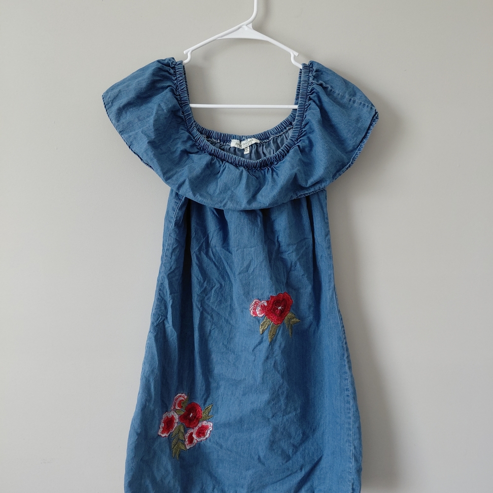 Blue Embroidered Off-Shoulder Mini Dress